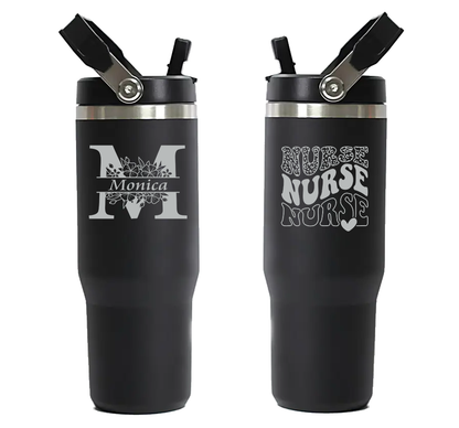 2 Sided Engraved Flip Top Tumbler w/ handle (30 oz)